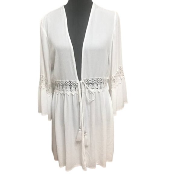 Blue Island Women's Crochet Trim White Swim Cover Up w/ Bell Sleeves Size Medium - Picture 1 of 7